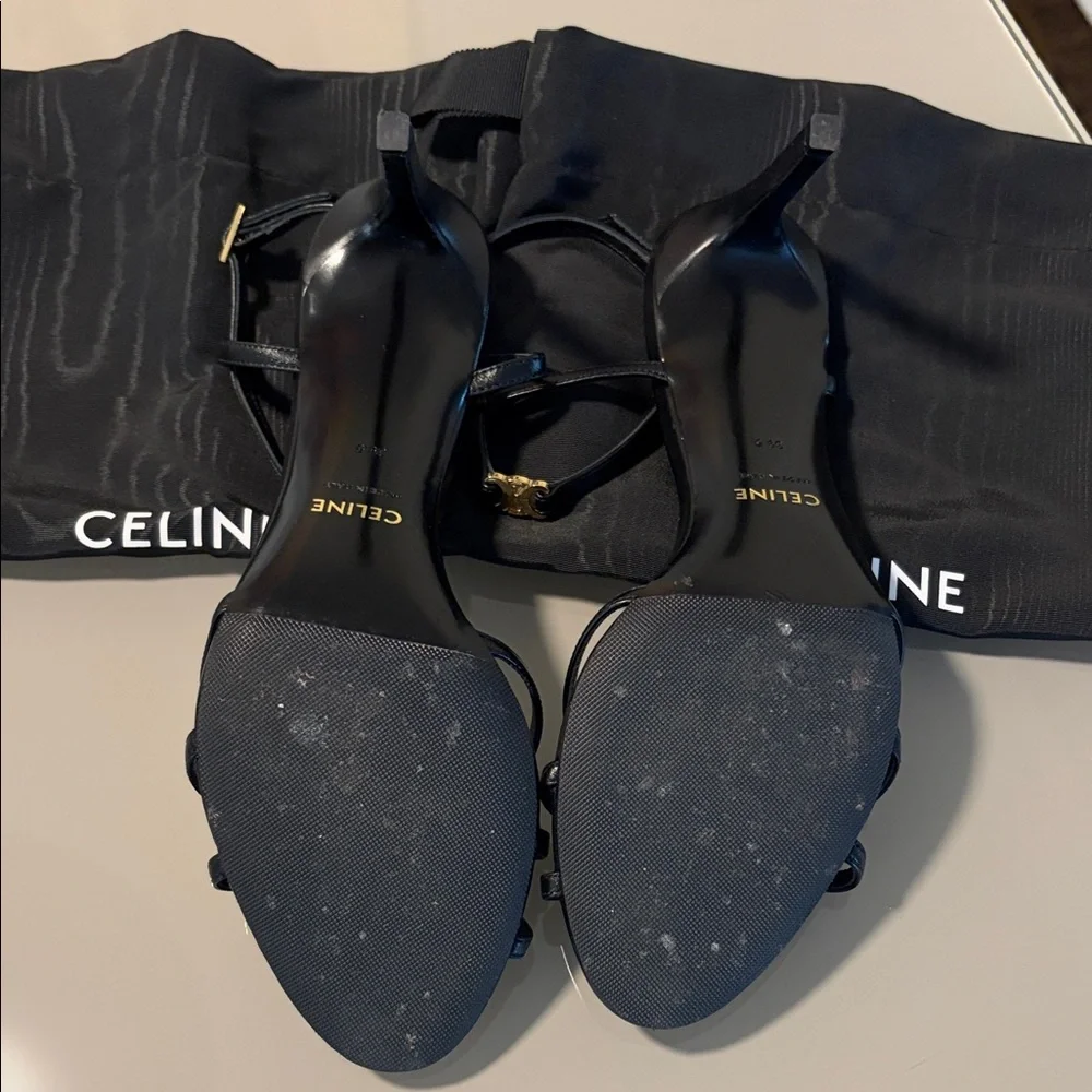 Celine Black Leather Ankle Strap Heels with Gold Triomphe Detail - Picture 5 of 6